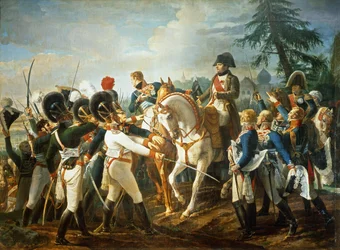 Napoleon sekä baijerilaiset ja württembergiläiset joukot Abensbergissä, 20. huhtikuuta 1809